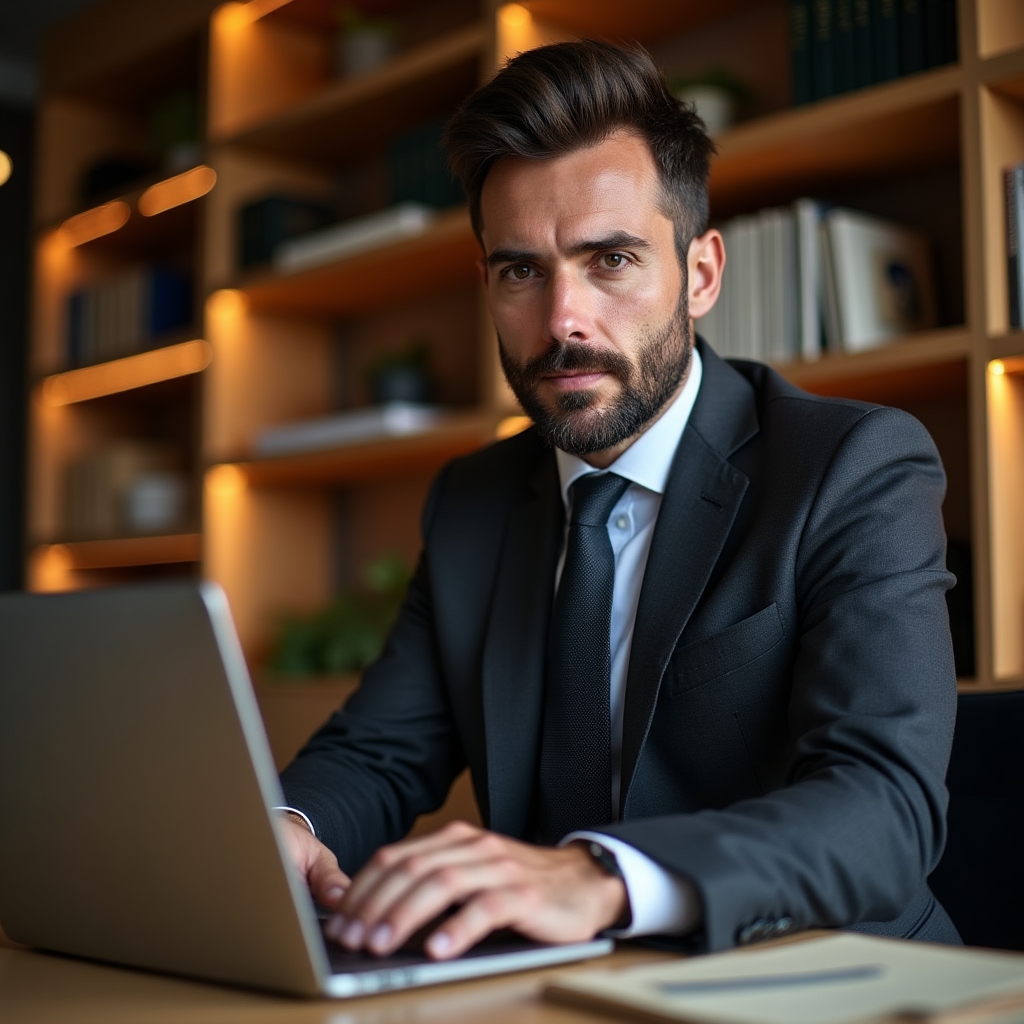 Manager italiano che lavora al computer in ufficio moderno