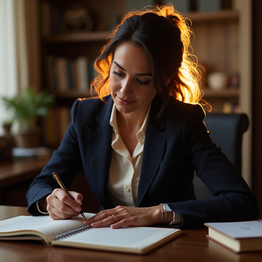 Professionista che scrive alla scrivania con documenti e laptop